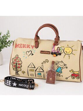 Nikky by Nicole Lee Duffle Bag Large Travel Weekender Black Graphic Print NWT